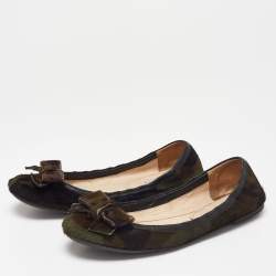 Prada Olive Green Calf Hair Scrunch Bow Ballet Flats Size 39