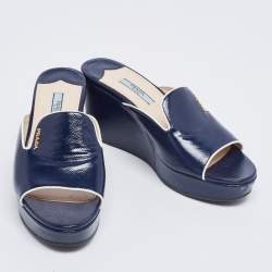 Pre Owned Prada Navy Blue Saffiano Patent Leather Wedge Platform Slide Sandals Size 37