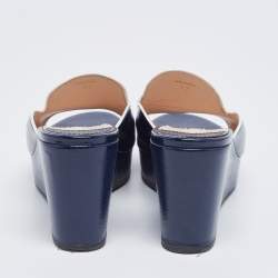 Pre Owned Prada Navy Blue Saffiano Patent Leather Wedge Platform Slide Sandals Size 37