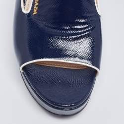 Pre Owned Prada Navy Blue Saffiano Patent Leather Wedge Platform Slide Sandals Size 37