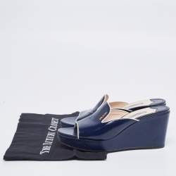 Pre Owned Prada Navy Blue Saffiano Patent Leather Wedge Platform Slide Sandals Size 37