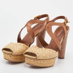 Prada Beige/Brown Raffia And Leather Ankle Strap Studded Platform Block Heel Sandals Size 42