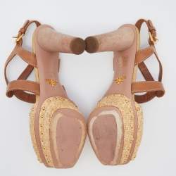 Prada Beige/Brown Raffia And Leather Ankle Strap Studded Platform Block Heel Sandals Size 42