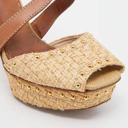 Prada Beige/Brown Raffia And Leather Ankle Strap Studded Platform Block Heel Sandals Size 42