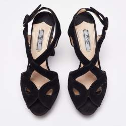 Pre Owned Prada Black Suede Cut-Out Peep-Toe Platform Sandals Size 38