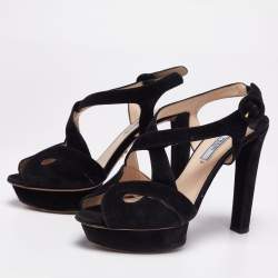 Prada Black Suede Cut-Out Peep-Toe Platform Sandals Size 38