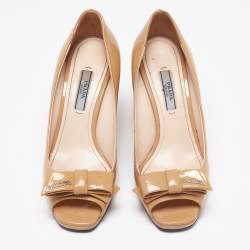 Pre Owned Prada Beige Patent Leather Bow Peep-Toe Wedge Pumps Size 36.5