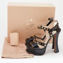 Pre Owned Prada Black Studded Leather Ankle Strap Platform Sandals Size 39