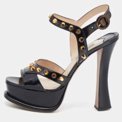 Pre Owned Prada Black Studded Leather Ankle Strap Platform Sandals Size 39