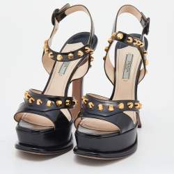 Pre Owned Prada Black Studded Leather Ankle Strap Platform Sandals Size 39