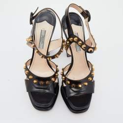 Pre Owned Prada Black Studded Leather Ankle Strap Platform Sandals Size 39