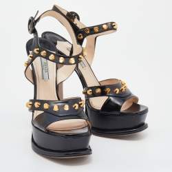 Pre Owned Prada Black Studded Leather Ankle Strap Platform Sandals Size 39