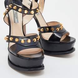 Pre Owned Prada Black Studded Leather Ankle Strap Platform Sandals Size 39