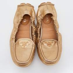 Prada Metallic Gold Leather Scrunch Slip On Loafers Size 36.5