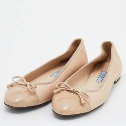 Prada Beige Leather And Patent Leather Cap Toe Bow Detail Ballet Flats Size 36