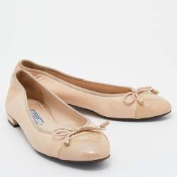 Prada Beige Leather And Patent Leather Cap Toe Bow Detail Ballet Flats Size 36