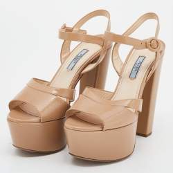 Prada Beige Saffiano Patent Leather Ankle Strap Block Heel Platform Sandals Size 38.5