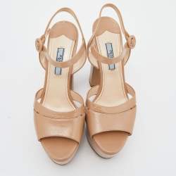 Prada Beige Saffiano Patent Leather Ankle Strap Block Heel Platform Sandals Size 38.5