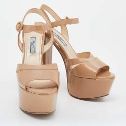 Prada Beige Saffiano Patent Leather Ankle Strap Block Heel Platform Sandals Size 38.5