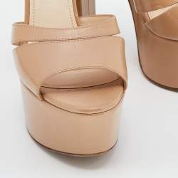 Prada Beige Saffiano Patent Leather Ankle Strap Block Heel Platform Sandals Size 38.5