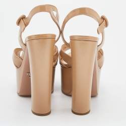 Prada Beige Saffiano Patent Leather Ankle Strap Block Heel Platform Sandals Size 38.5