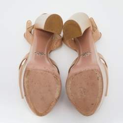 Prada Beige Saffiano Patent Leather Ankle Strap Block Heel Platform Sandals Size 38.5