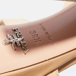 Prada Beige Saffiano Patent Leather Ankle Strap Block Heel Platform Sandals Size 38.5