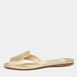 Prada Gold Saffiano Leather Logo Embellished Flat Sandals Size 37