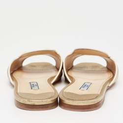 Prada Gold Saffiano Leather Logo Embellished Flat Sandals Size 37