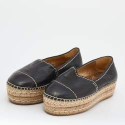 Pre Owned Prada Black Leather Platform Espadrille Flats Size 36.5