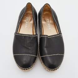 Pre Owned Prada Black Leather Platform Espadrille Flats Size 36.5