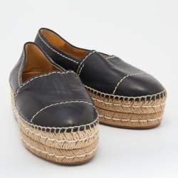Pre Owned Prada Black Leather Platform Espadrille Flats Size 36.5