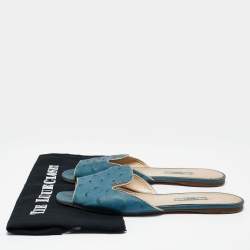 Pre Owned Prada Blue Ostrich Leather Flat Sandals Size 41