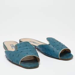 Pre Owned Prada Blue Ostrich Leather Flat Sandals Size 41