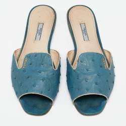 Pre Owned Prada Blue Ostrich Leather Flat Sandals Size 41