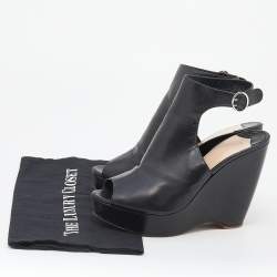 Prada Black Leather Peep Toe Wedge Platform Sandals Size 39