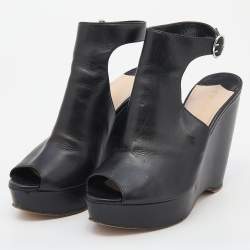 Prada Black Leather Peep Toe Wedge Platform Sandals Size 39