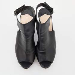 Prada Black Leather Peep Toe Wedge Platform Sandals Size 39