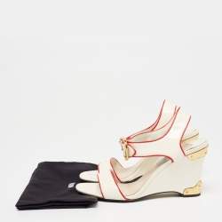 Pre Owned Prada Cream Patent Leather Wedge Ankle Strap Sandals Size 37