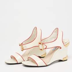 Pre Owned Prada Cream Patent Leather Wedge Ankle Strap Sandals Size 37