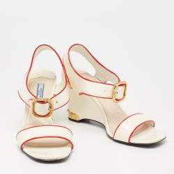 Pre Owned Prada Cream Patent Leather Wedge Ankle Strap Sandals Size 37