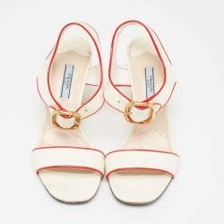 Pre Owned Prada Cream Patent Leather Wedge Ankle Strap Sandals Size 37