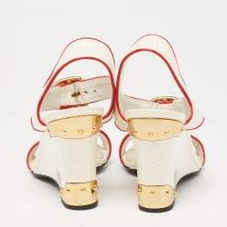 Pre Owned Prada Cream Patent Leather Wedge Ankle Strap Sandals Size 37