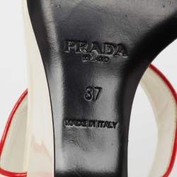 Pre Owned Prada Cream Patent Leather Wedge Ankle Strap Sandals Size 37