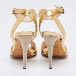 Pre Owned Prada Gold/Grey Suede And Leather Ankle Sandals Size 35.5