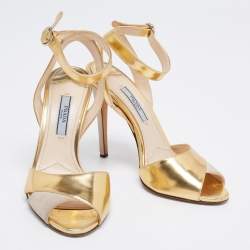 Pre Owned Prada Gold/Grey Suede And Leather Ankle Sandals Size 35.5