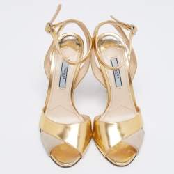 Pre Owned Prada Gold/Grey Suede And Leather Ankle Sandals Size 35.5