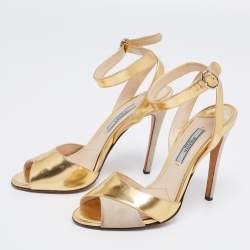 Pre Owned Prada Gold/Grey Suede And Leather Ankle Sandals Size 35.5