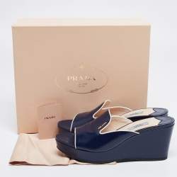 Pre Owned Prada Navy Blue Saffiano Patent Leather Wedge Slide Sandal Size 39.5