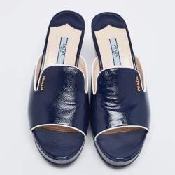 Pre Owned Prada Navy Blue Saffiano Patent Leather Wedge Slide Sandal Size 39.5